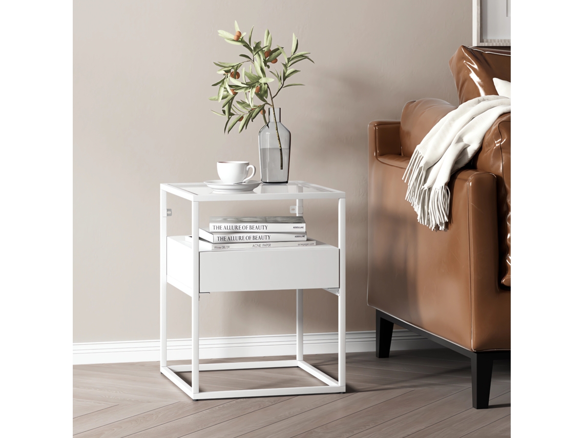 Tabela auxiliar de Vissenbjerg com vidro e aço 51 x 40 x 40 cm branco fosco branco [EN.CASA]