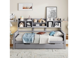 Sofá Cama Retrátil 90x200 Com Gaveta De Arrumação, Estrado De Ripas, Madeira De Pinho Cinza Estilo