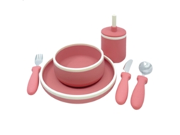 Conjunto De Jantar Infantil De Silicone Smikkels Rosa, Livre De Bpa E Sustentável.