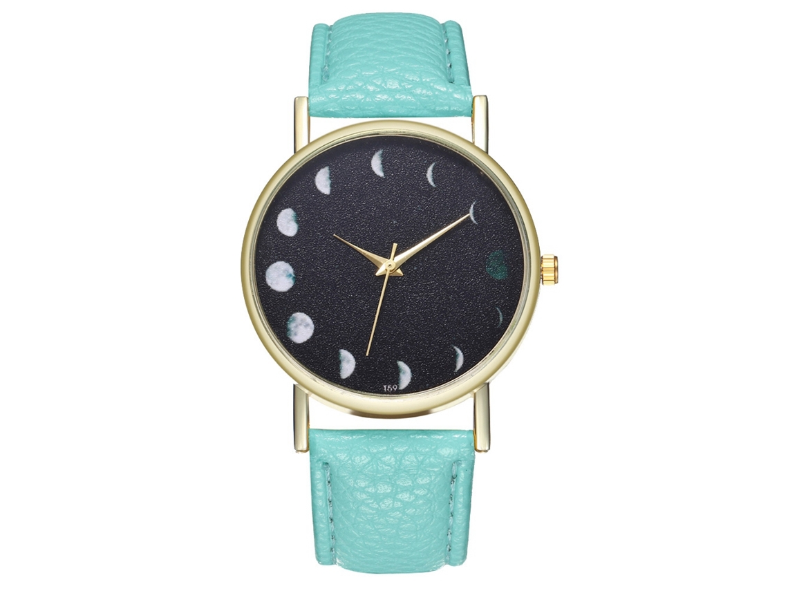 Relógio de quartzo com pulseira de couro PU, design moderno e simples, unissex, com estampa de lua (verde menta).