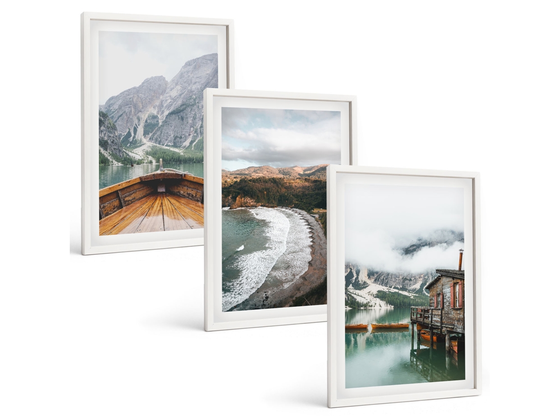 Conjunto De Pinturas Montanhas, Lago, Barco, Paisagem De Praia Espelharte (3 Peças 40x60 Cm)