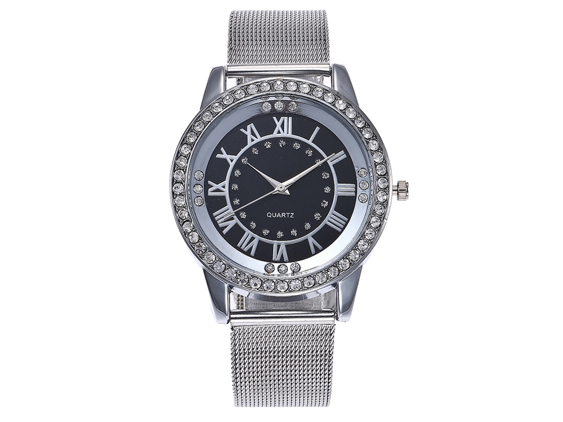 Relógio de pulso unissex com pulseira de malha, modelo Diamond Fashion Quartz, prateado e preto.