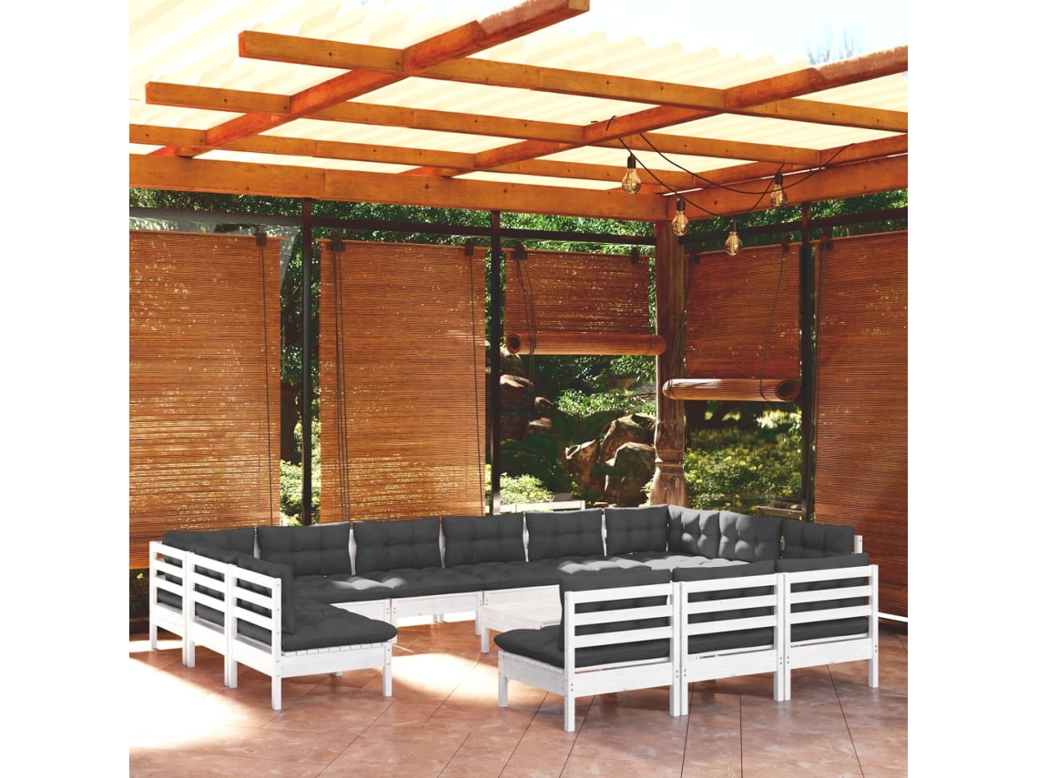 Vidaxl 14 Pcs Conj. Lounge De Jardim C/ Almofadões Pinho Maciço Branco