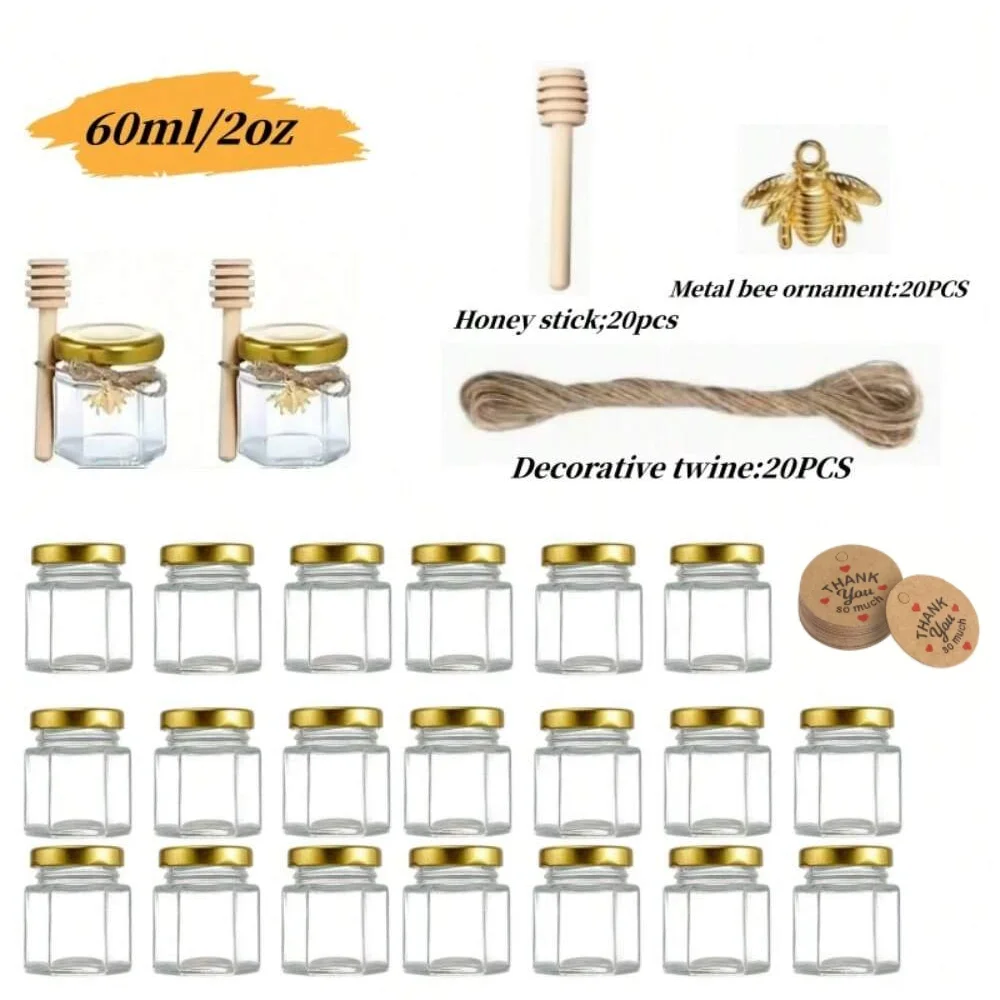 (60ml - 20 Frascos) Mini Potes De Mel Com Colheres, Hexagonais, De Vidro Para Cozinha, Herméticos.