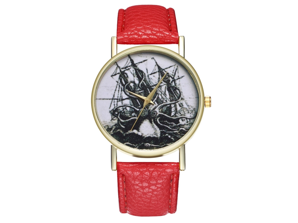 Relógio de Pulso Analógico de Quartzo com Pulseira Pu Estilo Retro para Mulher (vermelho)