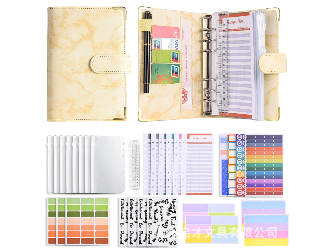 A6 Pu Leather Marble Pattern Refillable Cash Budget Notebook With Deluxe Gift Set Yellow 12-budget Cards, 8-zipper