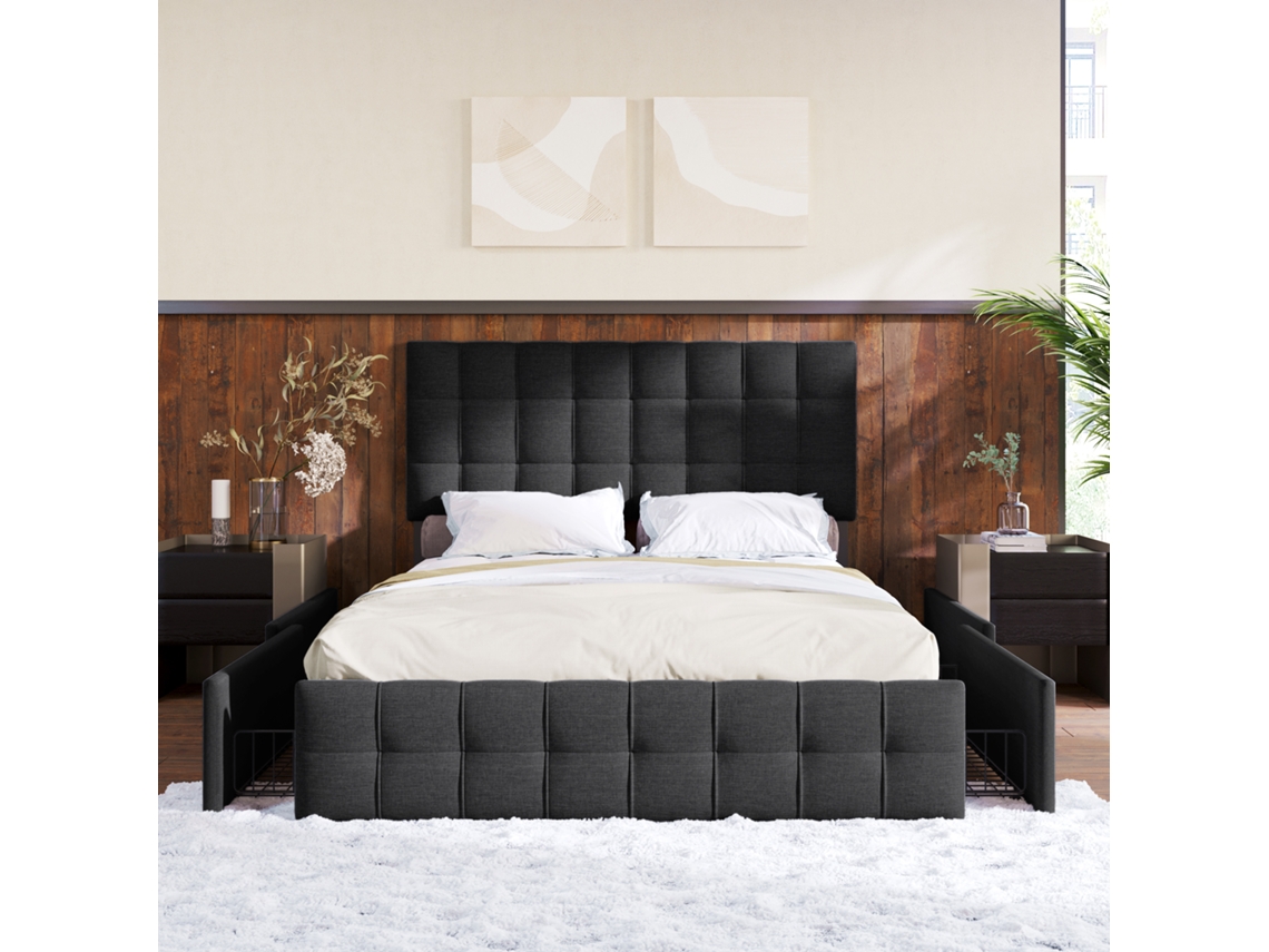 Cama Box 140x200cm Preta Com 4 Gavetas Leito Ajustável Cabecote Em Linho