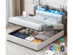 Cama Estofada 140x200 Cm, Cama De Casal, Carregamento Magnético, Luzes Led, Com Caixa De Armazenamento, Tecido De Veludo Bege