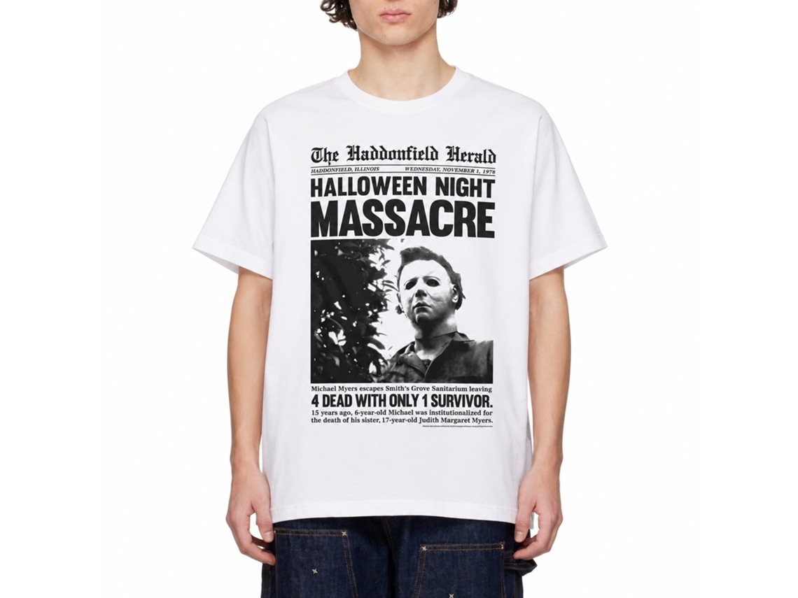 Rockinstone Halloween Haddonfield Herald White Adult T-shirt Size:xl