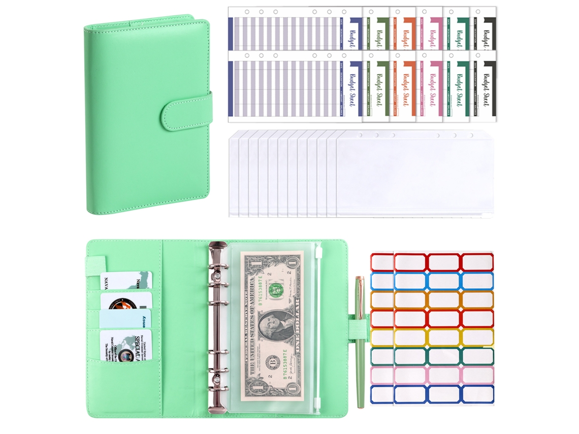 A6 Loose Leaf Macaron Pu Leather Cash Envelope Budget Notebook With Zipper Pockets, Money Saving Organizer, Lime Green