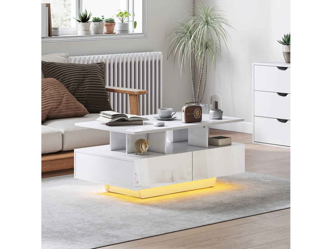 Mesa De Centro Branca Brilhante 90x55x41 Cm Com Iluminação Led De 16 Cores E 4 Gavetas Abertas Para Sala De Estar - Design Moderno