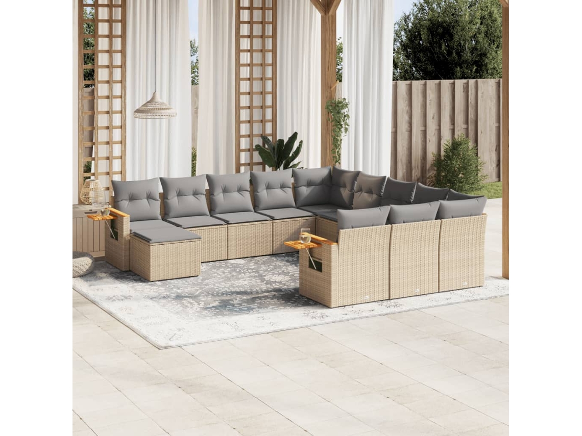 Vidaxl 11 Pcs Conjunto Sofás De Jardim C/ Almofadões Vime Pe Bege