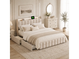 Cama de casal 140x200cm com espaço de arrumação, USB, cabeceira com LED, 4 gavetas, estofada, bege MEXUS