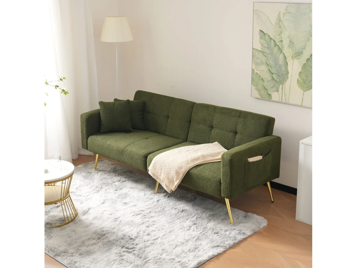 Sofá Convertível Com Encosto Ajustável 2 Lugares Tecido Bouclé Verde Estilo