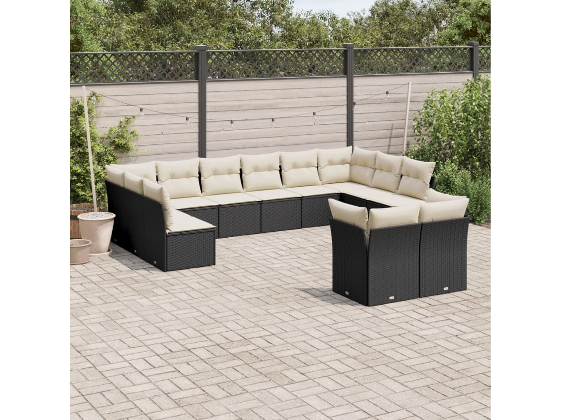Conjunto de Sofá de Jardim 12 Peças C/ Almofadões Vime Pe Preto Dkd Home Decor