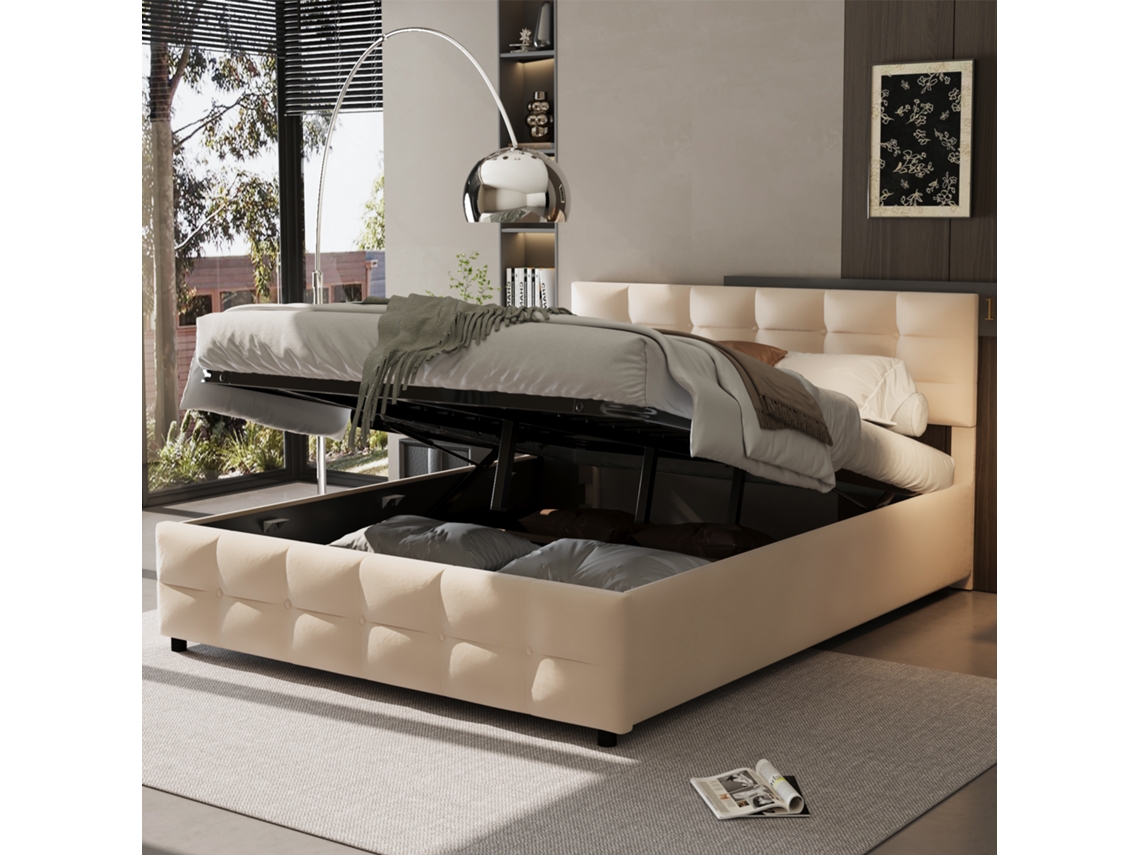 Cama Box 180x200cm Mola Elástica Sopro Hidráulico Veludo Holandês Bege