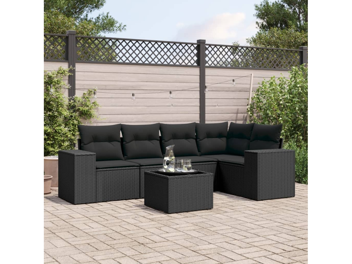 Vidaxl 6 Pcs Conjunto Sofás de Jardim C/ Almofadões Vime Pe Preto