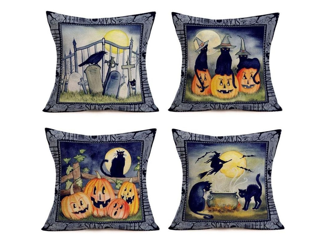 2026-linjou 4 Capas De Travesseiro De Halloween Com Corvo, Lápide, Gato Preto E Abóbora 45x45cm