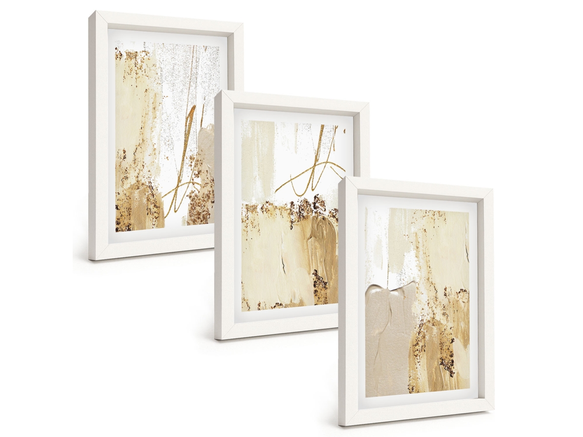Quadros Decorativos Para Parede Padrões Abstratos Em Bege E Branco Moldura Branca Pinturas De Quarto Espelharte (3 Peças 20x30 Cm)