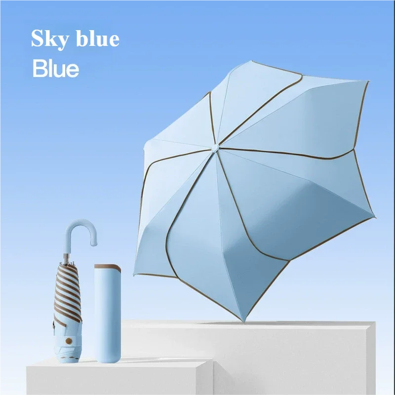 Guarda-chuva Manual Estilo Coreano (azul Celeste 6k), Proteção Contra Sol E Chuva, Dobrável E Reforçado Contra Vento.