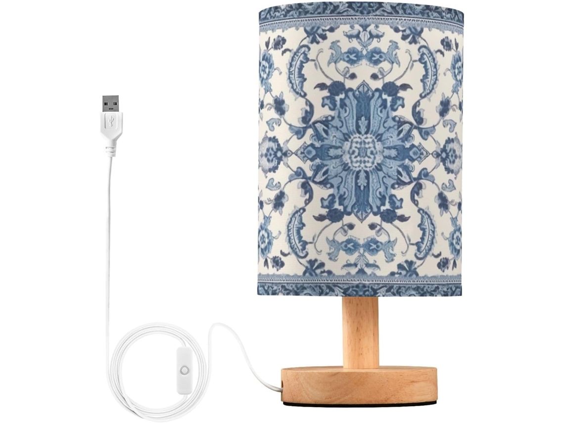 Abajur De Cabeceira Azul E Branco Com Estampa, Portas De Carregamento Usb C, Luminária De Mesa Cabeceira, Luminária De