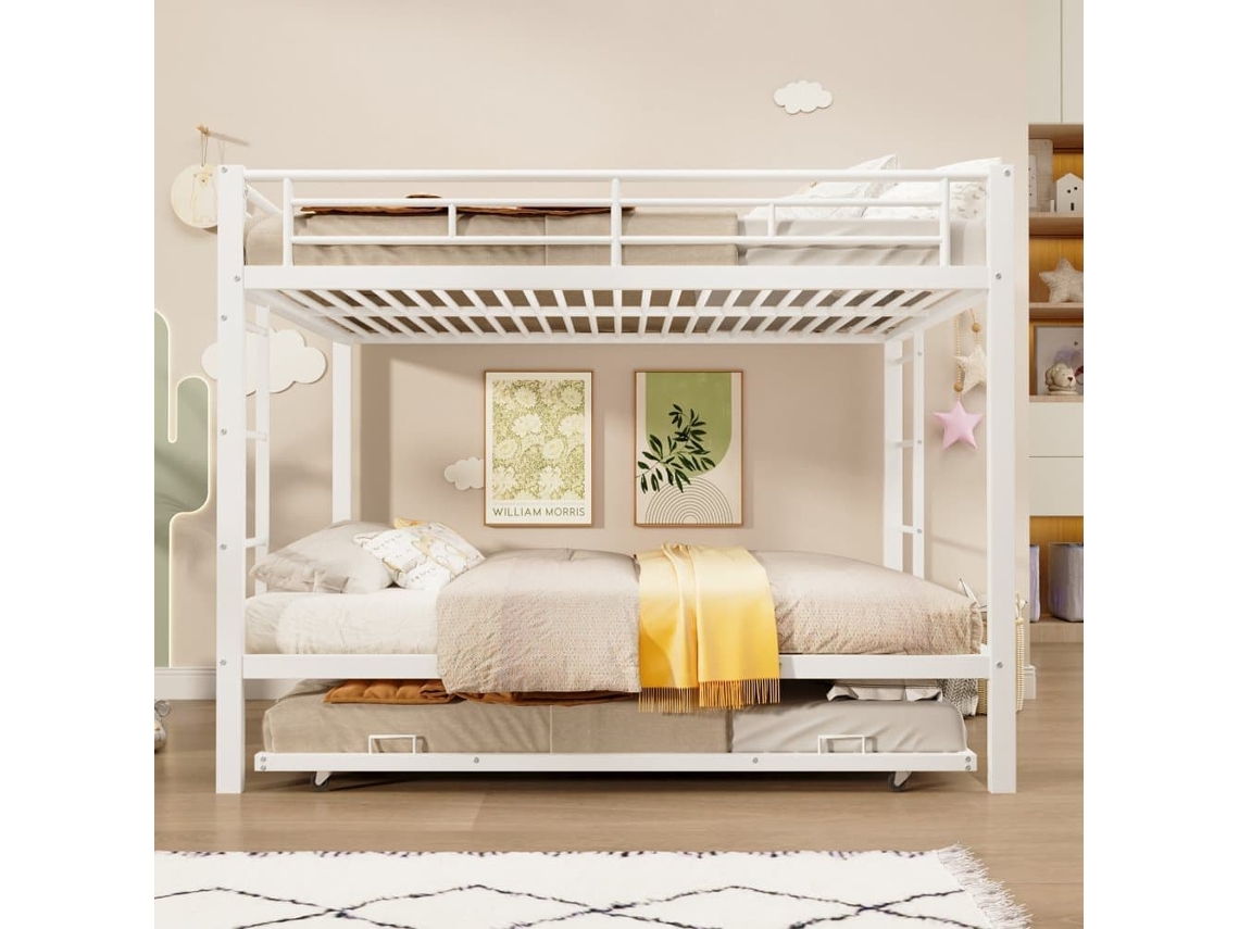 Beliche 140x200 Cm - Estrutura Em Ferro, Cama Com Cama Extraível, Grade Alta, Branco