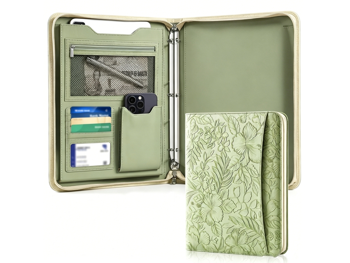 A4 Leather Multi Function Zippered Portfolio Folder For Business Contracts, Presentation, Office Documents Embossed