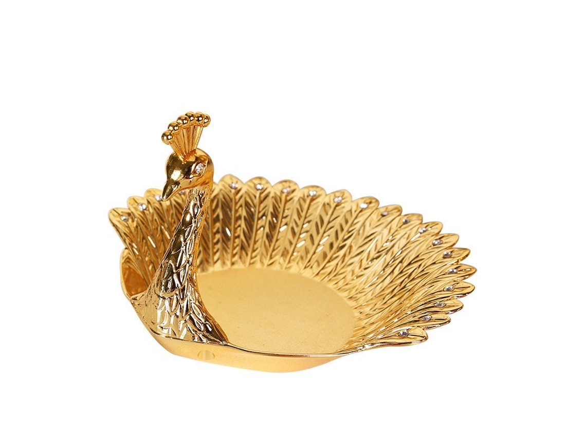 Copo de metal Rebe-Golden em formato de pavão para servir frutas e petiscos.