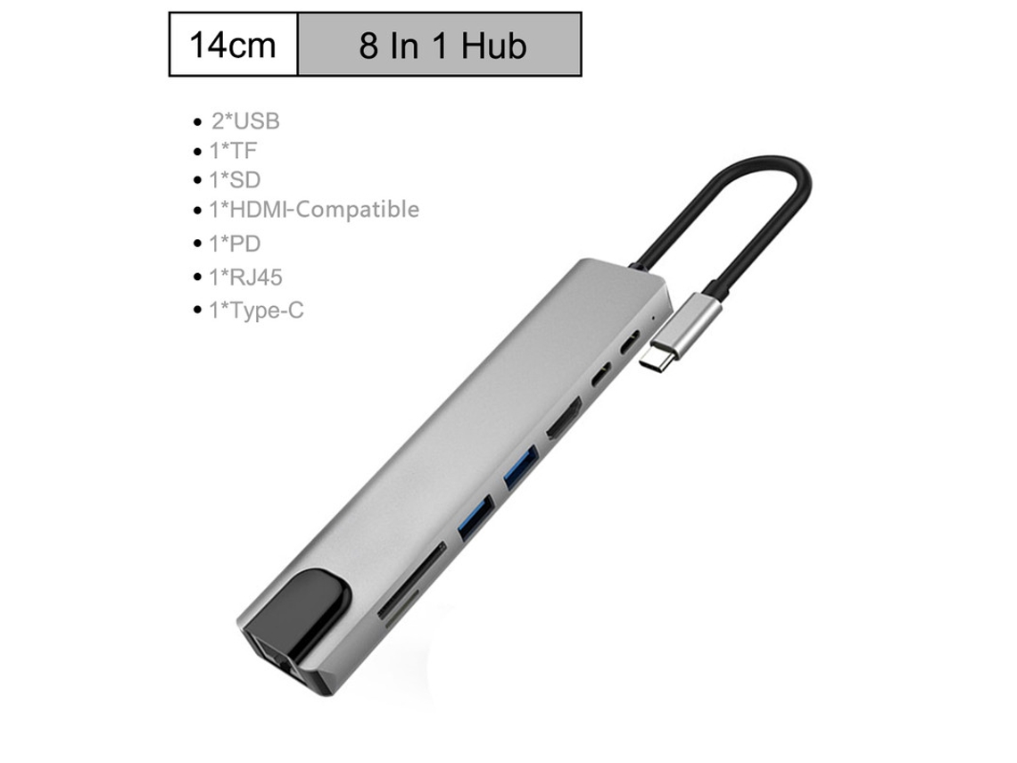 Yizhood 8 em 1 USB C Tipo C Thunderbolt3 Docking Station para leitor de cartão 4K UHD TF/SD USB 2.0 100M Rj45 Ethernet Pd Cinza