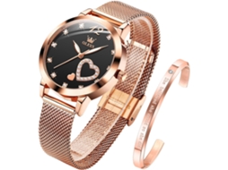 Lurelia Relógio Feminino, Movimento De Quartzo, Data/calendário, Detalhes Com Strass, Aço Inoxidável, Resistente À Água, Rosa Ouro, Preto