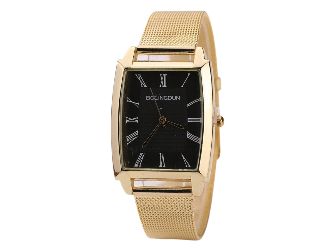 Relógio de quartzo com pulseira de malha metálica para homens e mulheres, mostrador quadrado, numerais romanos, dourado e preto.