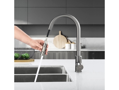Torneira de Cozinha Cinza LONHEO Spray Extraível Misturadora Giratória 360 em Aço Inox