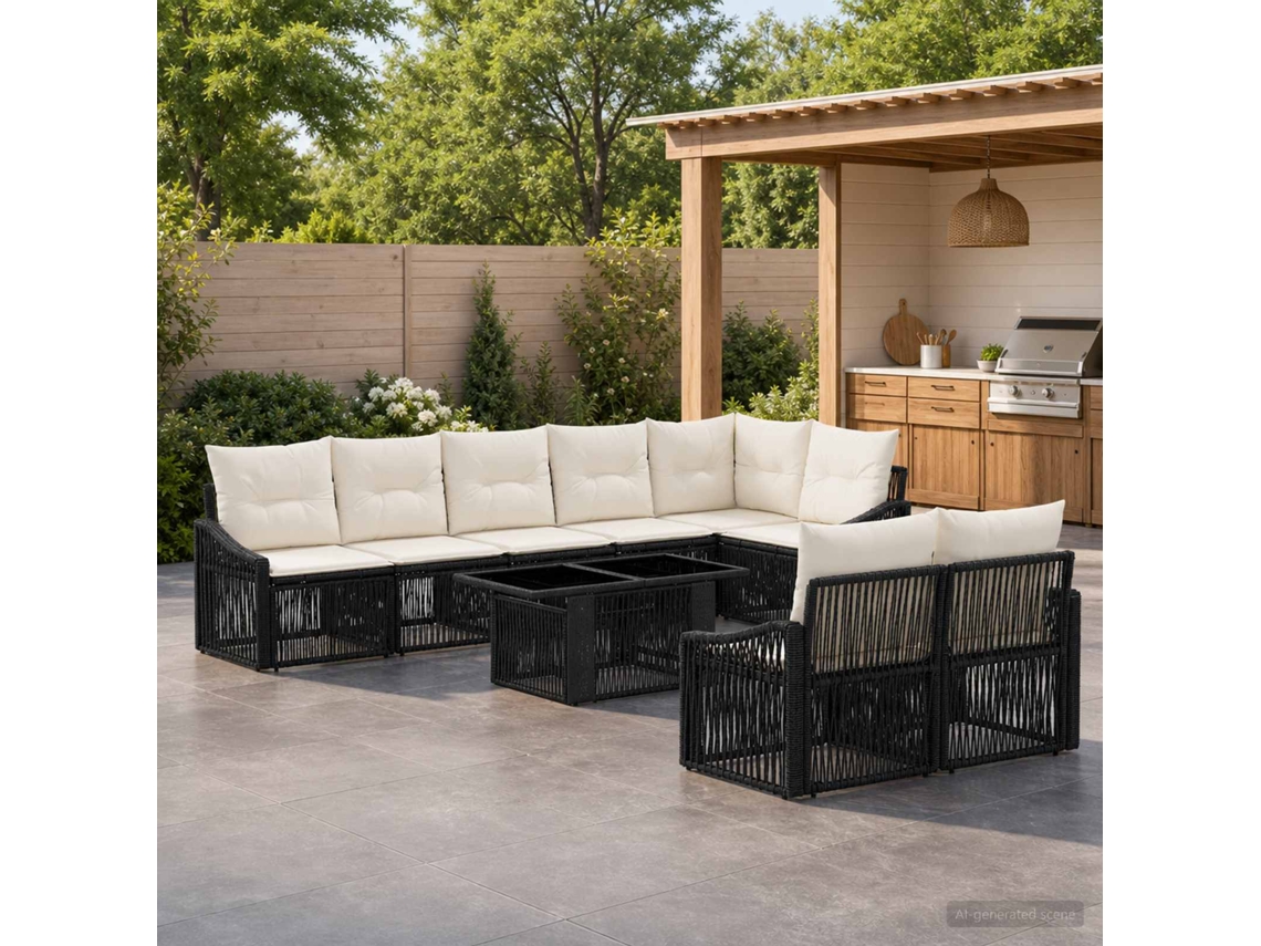 Vidaxl Conjunto De Sofá De Jardim 9 Unid. Preto E Branco Creme Vime Pe