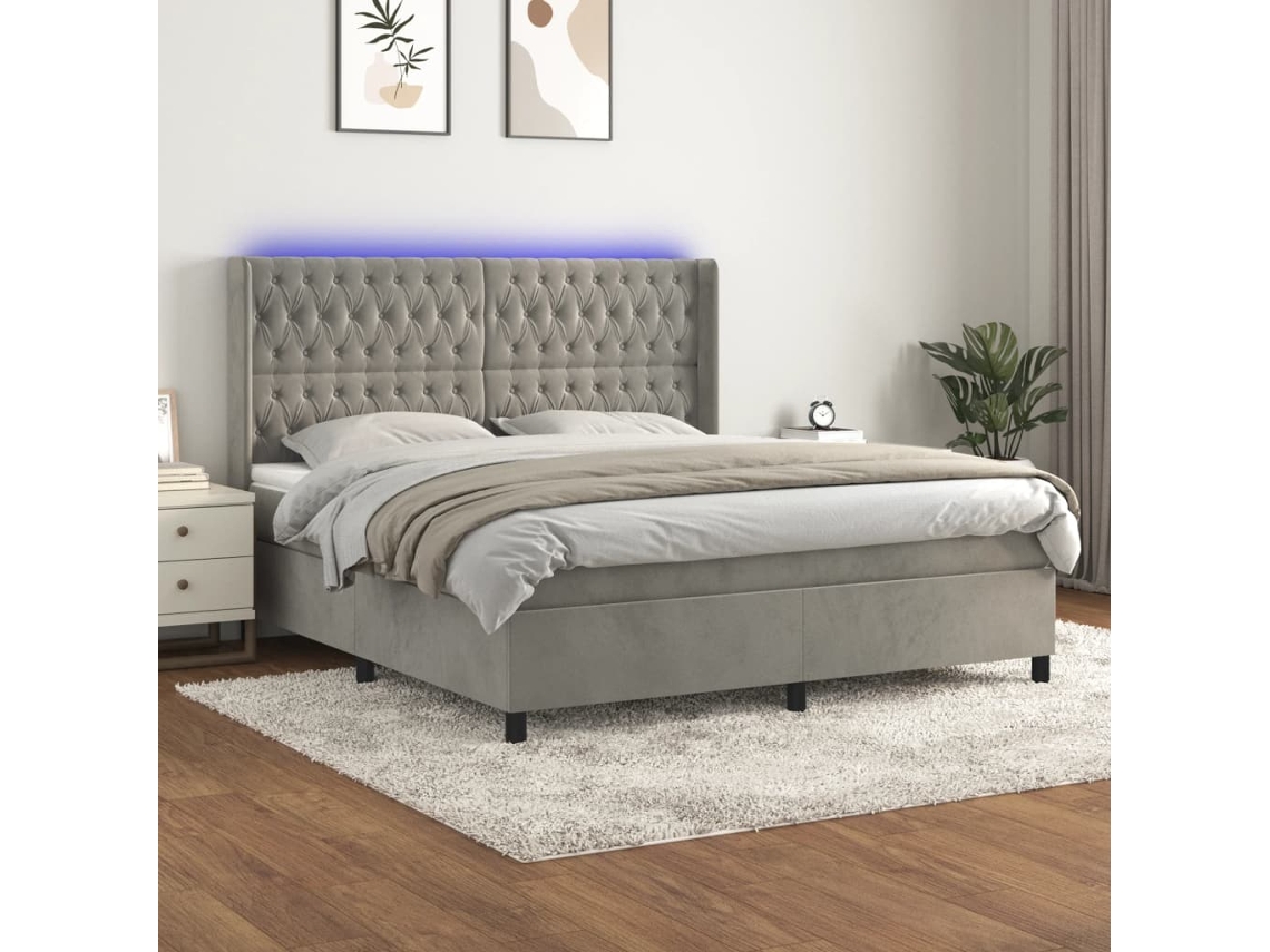Vidaxl Cama Box Spring C/ Colchão/led 160x200 Cm Veludo Cinzento-claro