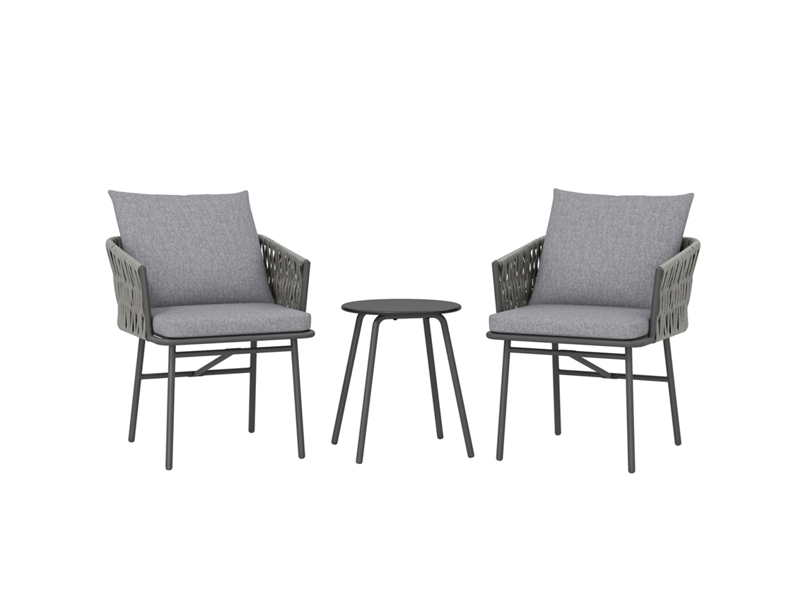 Conjunto De Cinza Móveis Externos 3 Peças, 2 Cadeiras, 1 Mesa, Bistrô, Rattan Artístico, Estrutura Aço, Metal, 4 Almofadas,