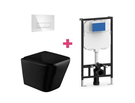 Conjunto de vaso sanitário suspenso de cerâmica preta fosca Aquore com cisterna retangular cromada e botão de descarga