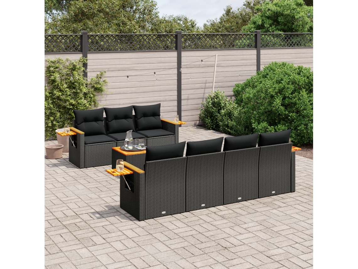 Vidaxl 8 Pcs Conjunto Sofás de Jardim com Almofadões Vime Pe Preto