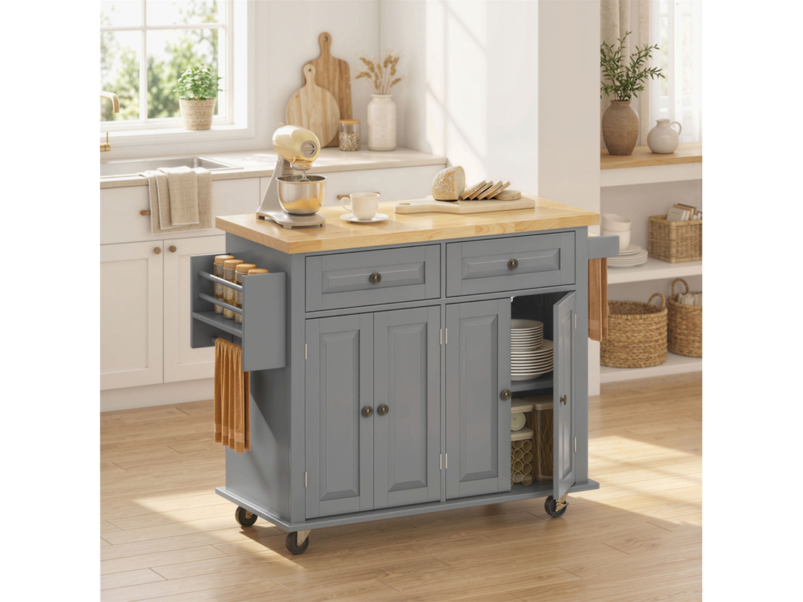 Ilha de Cozinha Móvel S/MARCA, com 2 gavetas, 4 portas, suporte para temperos, barra lateral, 111x44,5x82,5cm, cinzento e madeira