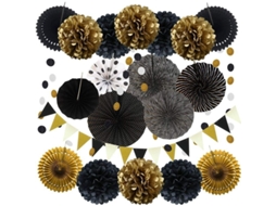 Decoração De Festa, 20 Peças Ventiladores De Papel Suspensos Preto Ouro, Pompons Flores, Guirnaldas Cadeia Pontos