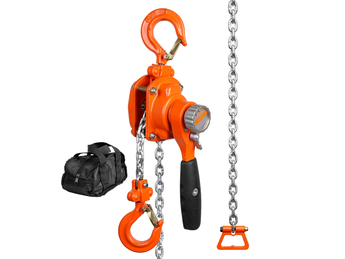 Mini Talha Manual de Alavanca 0,25 Toneladas, Corrente com Catraca, Manuseio para Elevação 1,4 M, Aço Carbono G80, Freio Weston, Gancho Guia Catraca