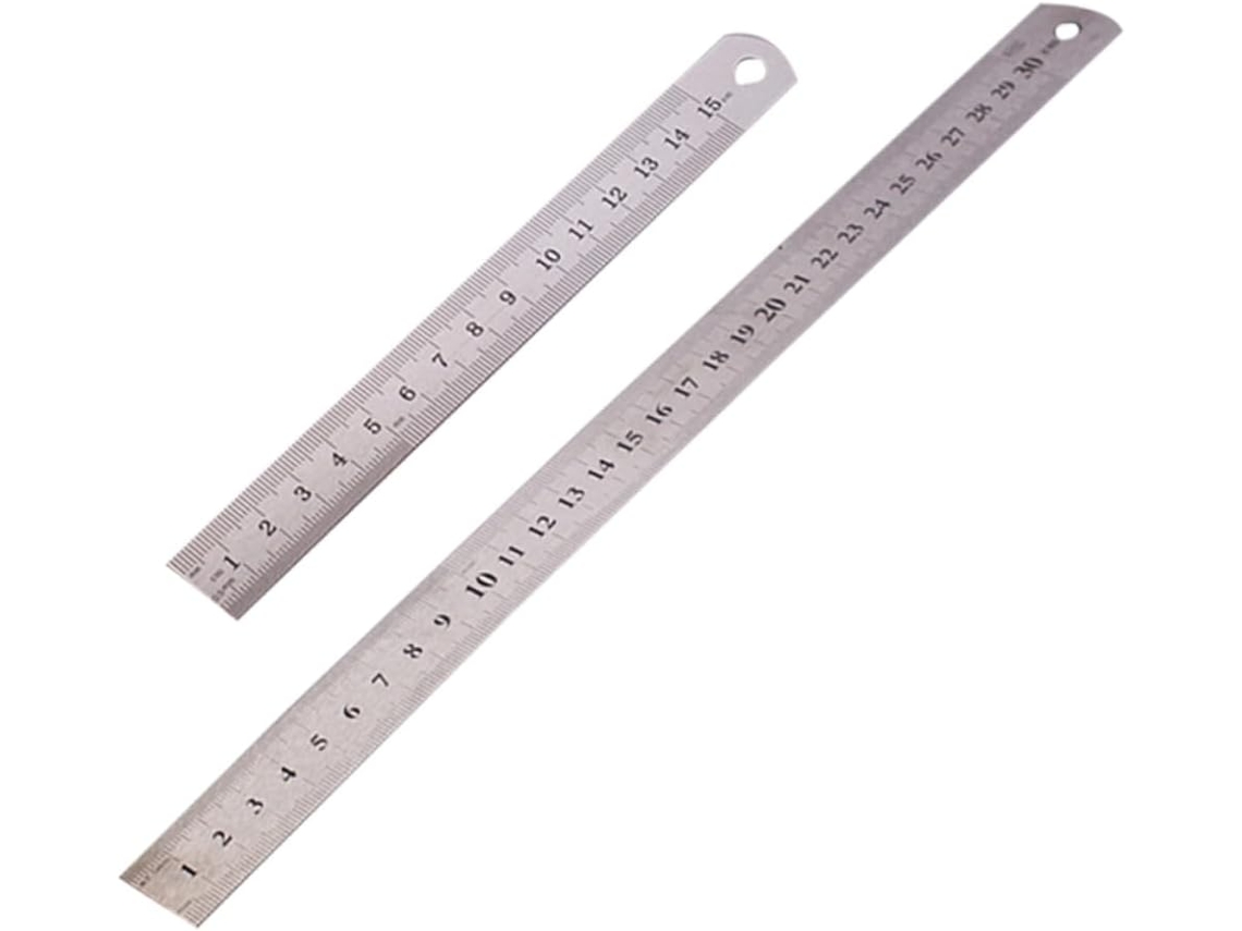 Régua dupla face em aço inoxidável, 2 peças, escala métrica para mesa e decoração escolar, fácil de guardar.