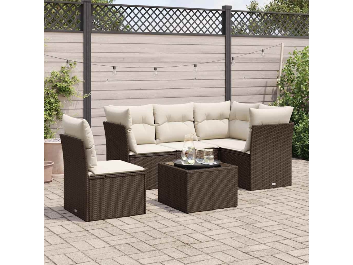 Vidaxl 6 Pcs Conjunto De Sofás Jardim C/ Almofadões Vime Pe Castanho
