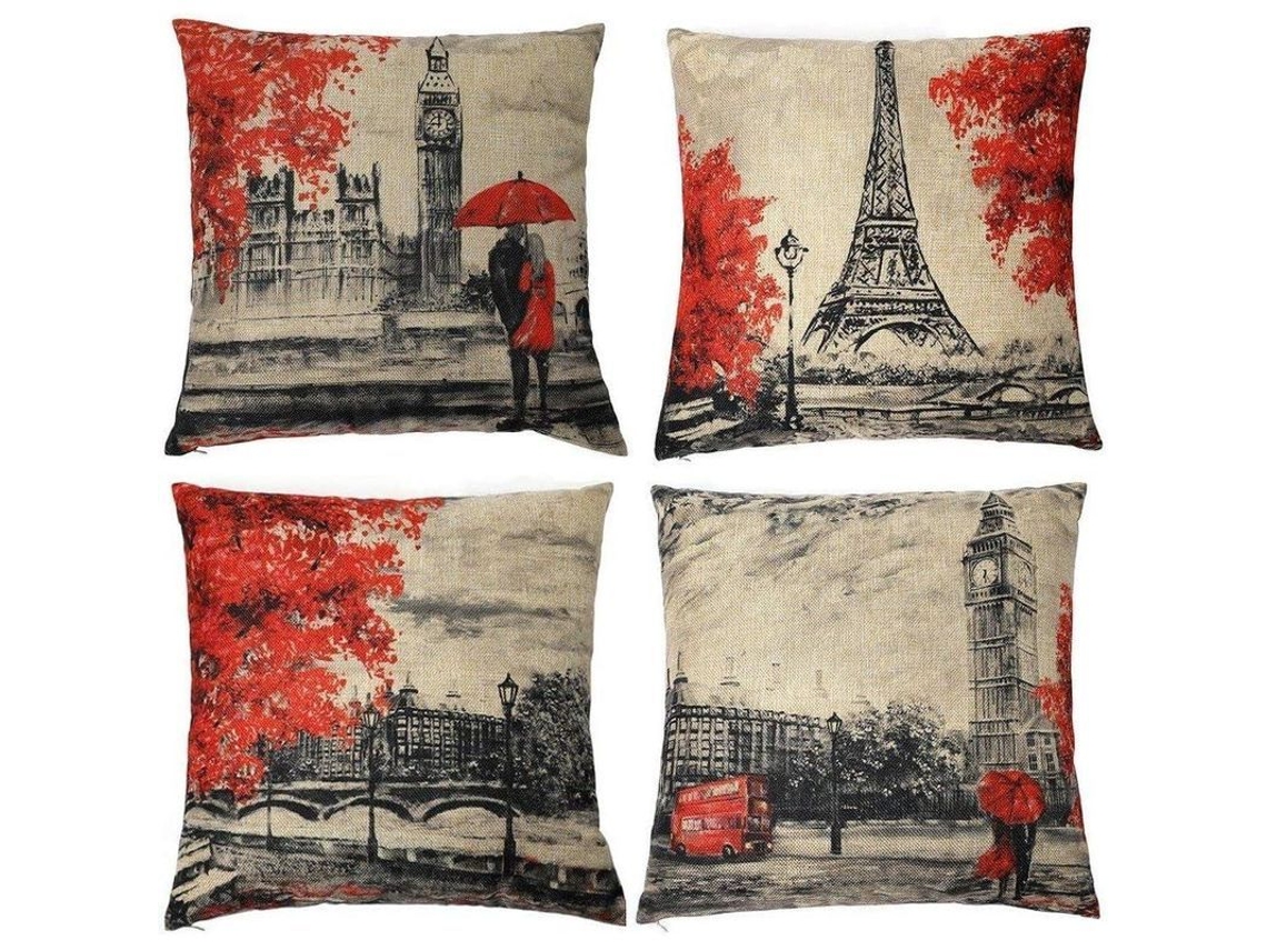 Funda De Almohada Decorativa 18x18 Pulgadas Torre Eiffel Y Big Ben Negro Y Rojo Para Hogar 4 Piezas