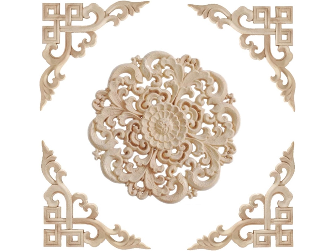 Aplique De Parede Redondo Artesanal Em Madeira Com Entalhe Floral Europeu Para Decoração Portas, Sala De Estar E Quarto