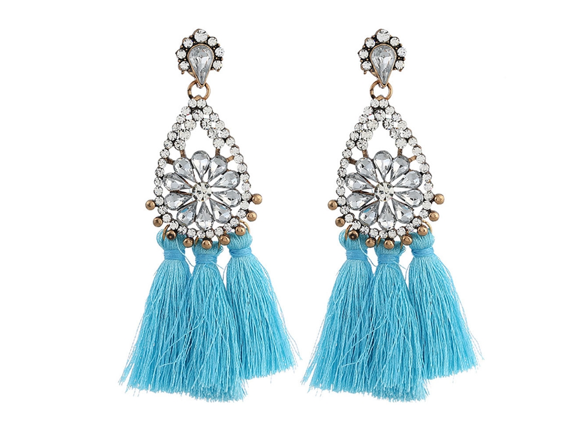 Brincos Moda Flor Strass Franja