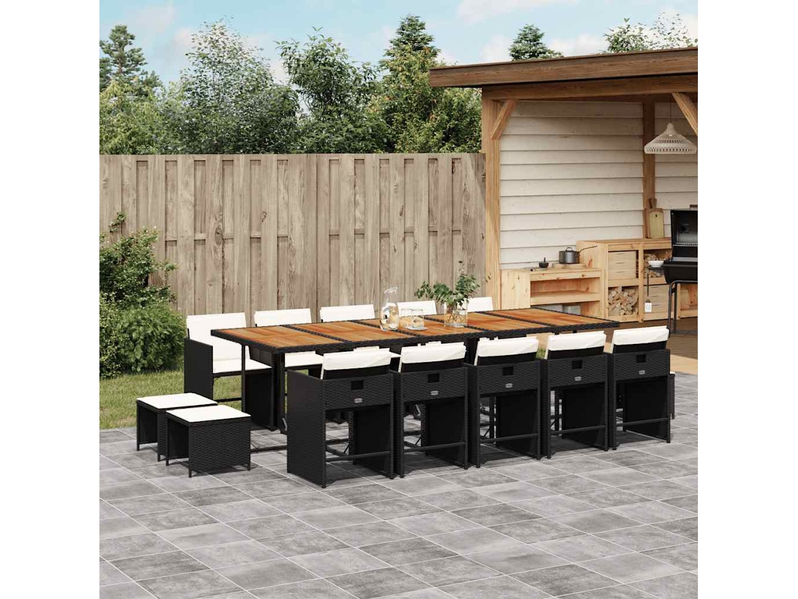 Vidaxl 15 Pcs Conjunto De Jantar P/jardim Com Almofadões Vime Pe Preto