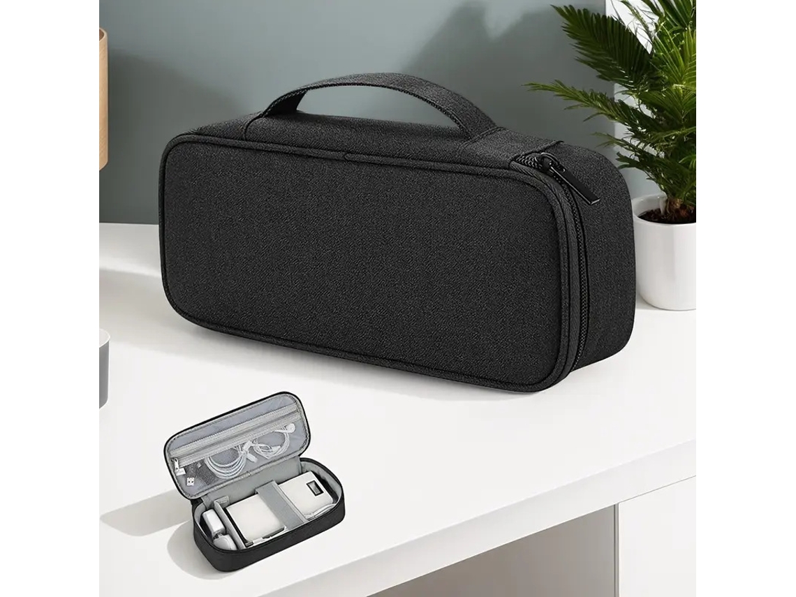 Bolsa Organizadora Longa Preta Para Acessórios Digitais Com Alça, Divisórias Internas E Bolso De Malha, Cabos E Auscultadores Em Viagens