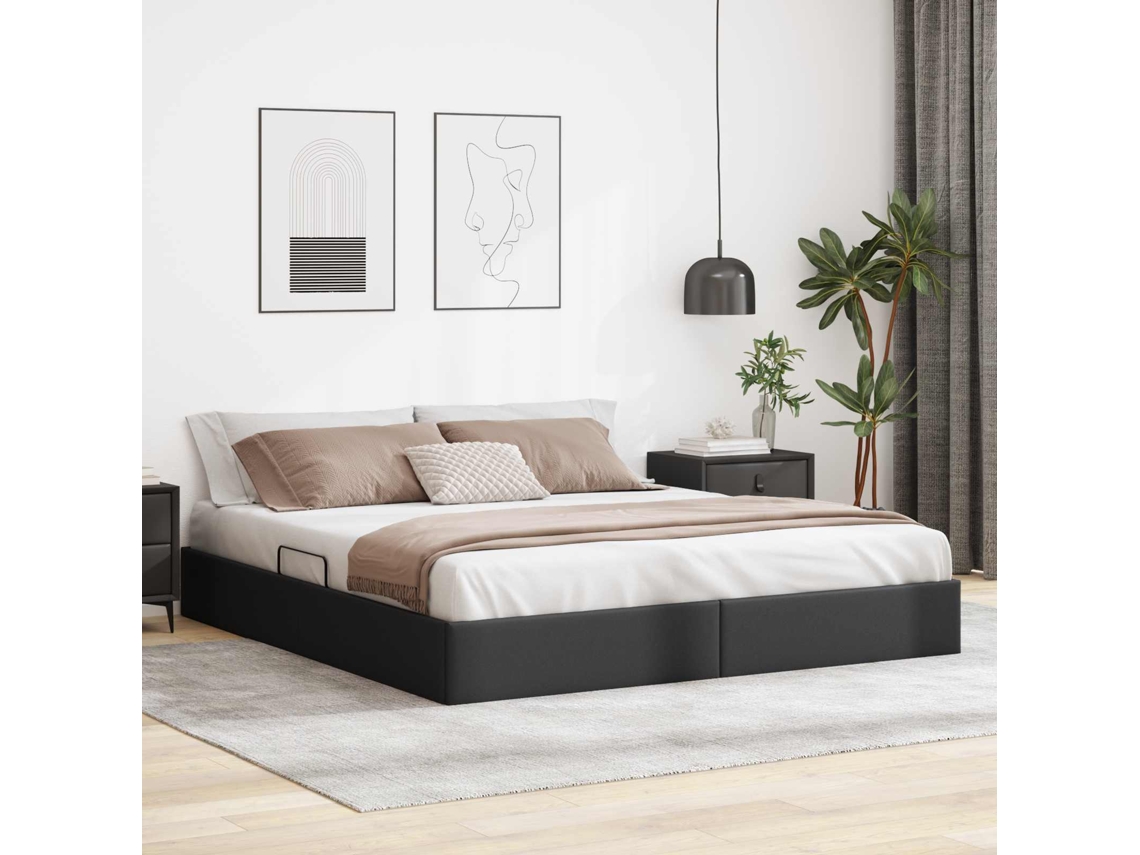 Vidaxl Estrutura De Cama Ottoman Preto 160 X 200 Cm Couro Sintético