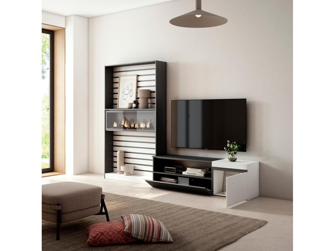 Conjunto de Móveis Tv 260X186X35cm para Televisores Até 65 Lareira Eléctrica  Branco e Preto SKRAUT HOME