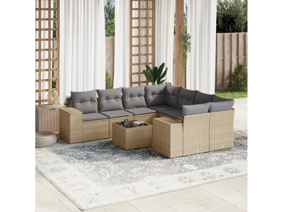 Vidaxl 9 Pcs Conjunto De Sofás P/ Jardim Com Almofadões Vime Pe Bege